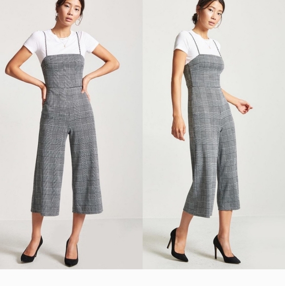 Forever 21 Plaid Glen Culotte Jumpsuit size medium stretch - Picture 1 of 4